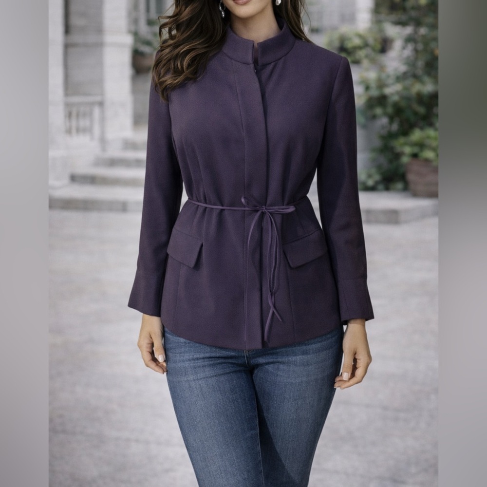 Kasper Suit Jacket Blazer 10 Purple Plum Textured Poly Adjustable Mock Neck NEW